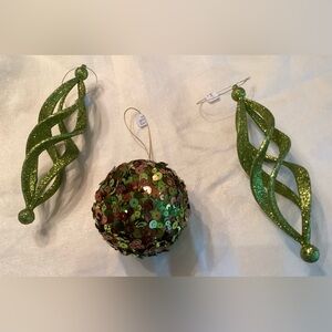 SOLD!Three Green Sparkly Christmas Ornaments